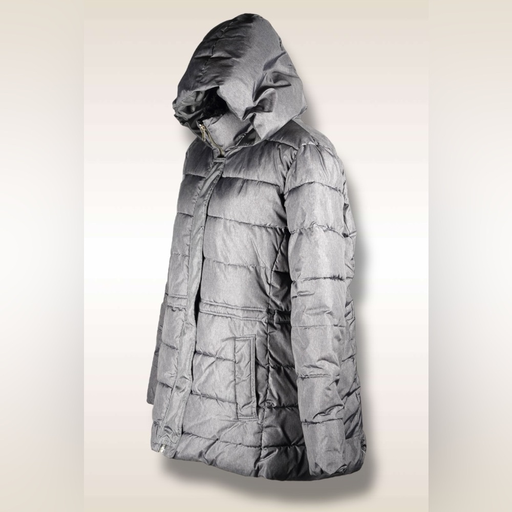 GAP Mid Puffer Jacket Silver Heather Hooded Faux-Fur Lined – Women’s Size XL - Picture 5 of 17